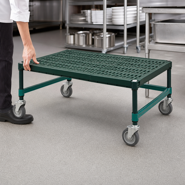 Product image #3 for QuadPlus Mobile Dunnage Rack with 3-Sided Frame, Louvered Polypropylene Mat, 60 x 24 x 14 Inches, 800 lb. Capacity