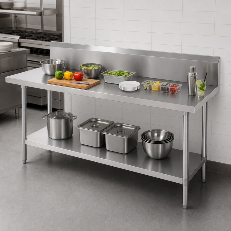 Product image #3 for Advance Tabco 108-Inch 14-Gauge 304 Stainless Steel Work Table with 10-Inch Backsplash and Undershelf