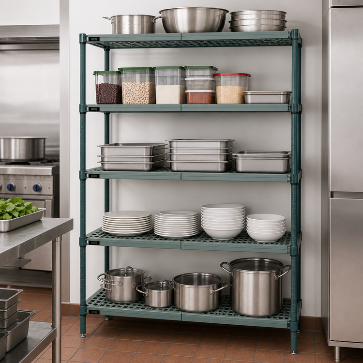 Product image #3 for Quantum 5-Tier Stationary Wire Shelving Unit with Plastic Mats, 60 x 14 x 63 Inches, Green Epoxy Coated