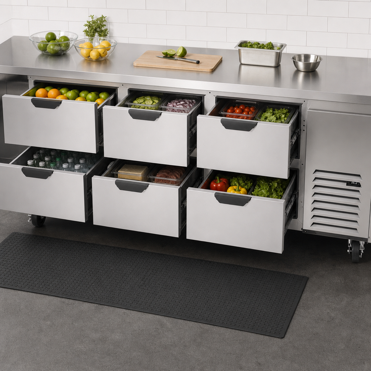 Product image #3 for Beverage-Air 93-Inch Three-Section Undercounter Drawer Refrigerator, 29.7 Cu. Ft., 6 Drawers, Side-Mount Self-Contained