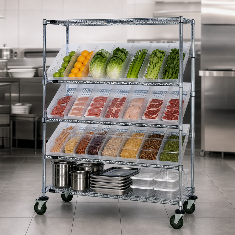 Product image #3 for Quantum Slanted Shelf Cart with 2 Flat Shelves, 3 Slanted Shelves, and 20 Clear Bins, 36 x 24 x 69 Inches, Chrome Plated