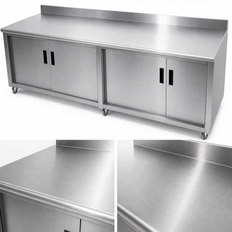 Product image #3 for Advance Tabco Special Value Series 84-Inch x 24-Inch Economy Enclosed Work Table with Cabinet Base, Hinged Doors, 16-Gauge 304 Stainless Steel Top, and 5-Inch Backsplash