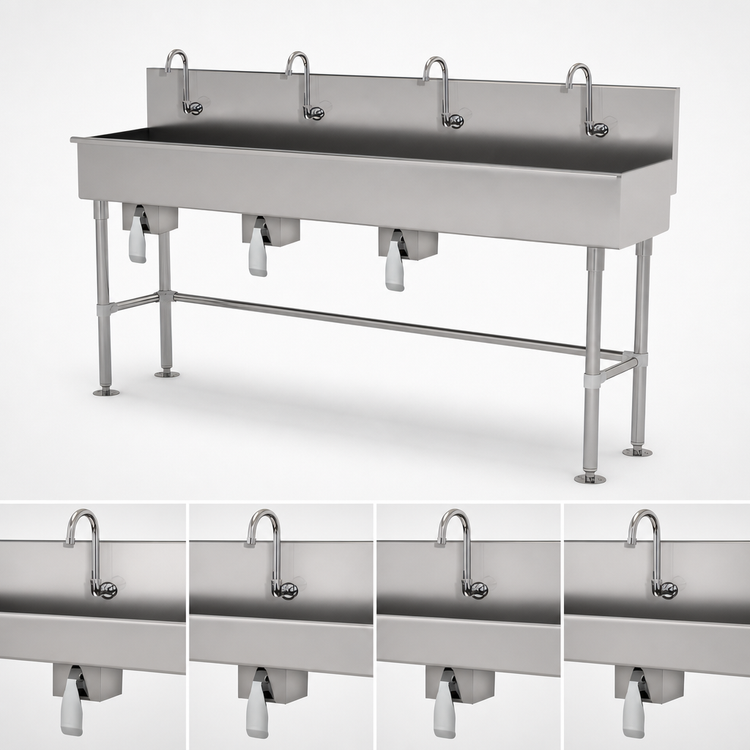 Product image #3 for Advance Tabco 4-Station Floor-Mounted Knee-Operated Multiwash Hand Sink, 96-Inch Wide, 16-Gauge 304 Stainless Steel