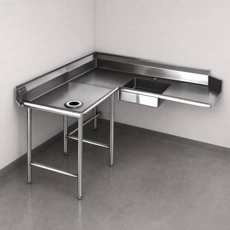 Product image #3 for Eagle Group Corner Soiled Dishtable, 60" Machine-to-Corner x 60" Corner-to-End, Left-to-Right Operation, 16/430 Stainless Steel Top