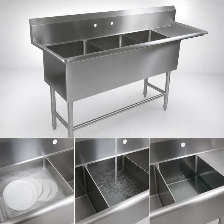 Product image #3 for John Boos Pro-Bowl 3-Compartment Stainless Steel Sink with Right-Hand Drainboard, 24" x 24" x 12" Bowls