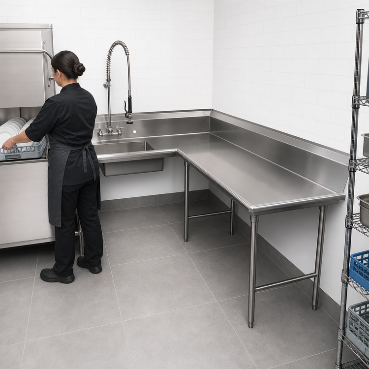 Product image #3 for Advance Tabco Korner L-Shaped Right-Hand Soil Dishtable with Pre-Rinse Sink, 107-Inch, 14 Gauge 304 Stainless Steel