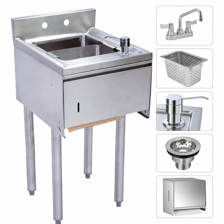 Product image #3 for BK Resources 12-Inch 1-Compartment Stainless Steel Underbar Dump Sink with Faucet, Soap & Towel Dispenser