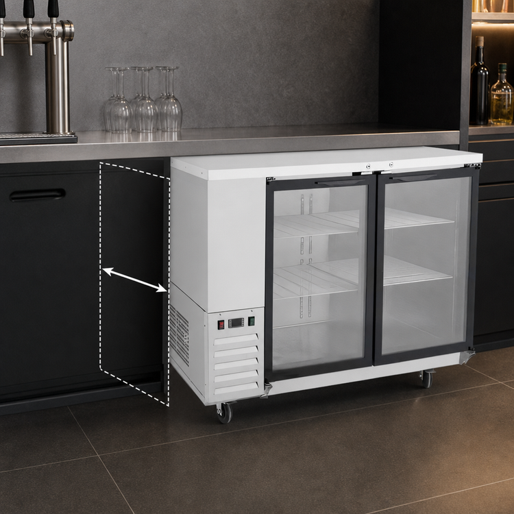 Product image #3 for Atosa Two-Section Shallow-Depth Back Bar Cooler with Locking Glass Doors, 15 Cu. Ft., Self-Contained Side-Mount Refrigeration
