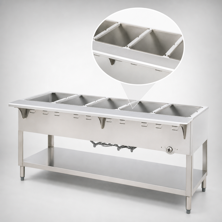 Product image #3 for Aerohot WB305 72-3/8-Inch Gas Wet Bath Steam Table with 5-Pan Capacity, Stainless Steel Top, Open Base and Undershelf