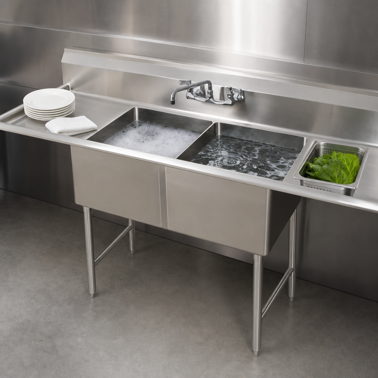 Product image #3 for BK Resources 72-Inch Two-Compartment Stainless Steel Sink with Left and Right Drainboards and 9-Inch Backsplash