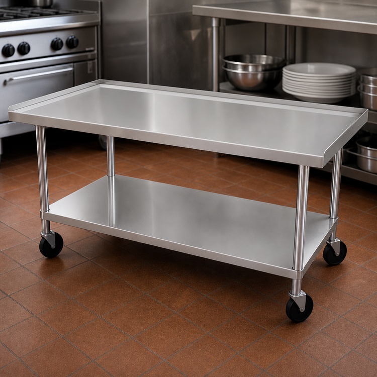 Product image #3 for Ovention Stainless Steel Equipment Stand with Adjustable Undershelf, No-Drip V-Edge, Splash and Casters, 24-Inch H x 60-Inch W