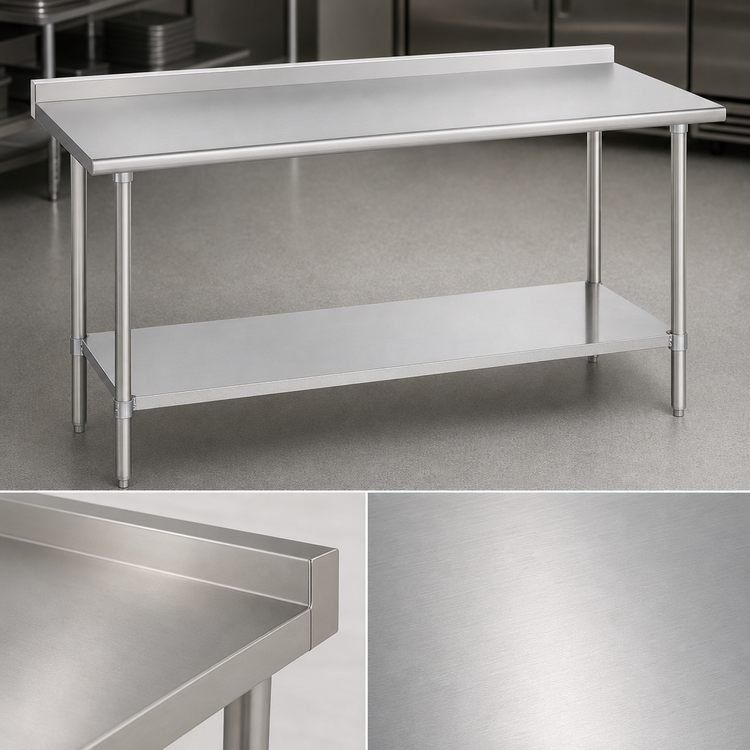 Product image #3 for Duke 108-Inch 14-Gauge 300-Series Stainless Steel Work Table with 1-1/8-Inch Straight Riser and Galvanized Undershelf