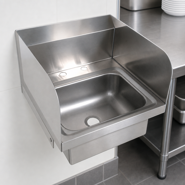 Product image #3 for BK Resources 14" x 10" Wall-Mounted Hand Sink with Dual Side Splashes and 4" O.C. Deck Faucet Holes