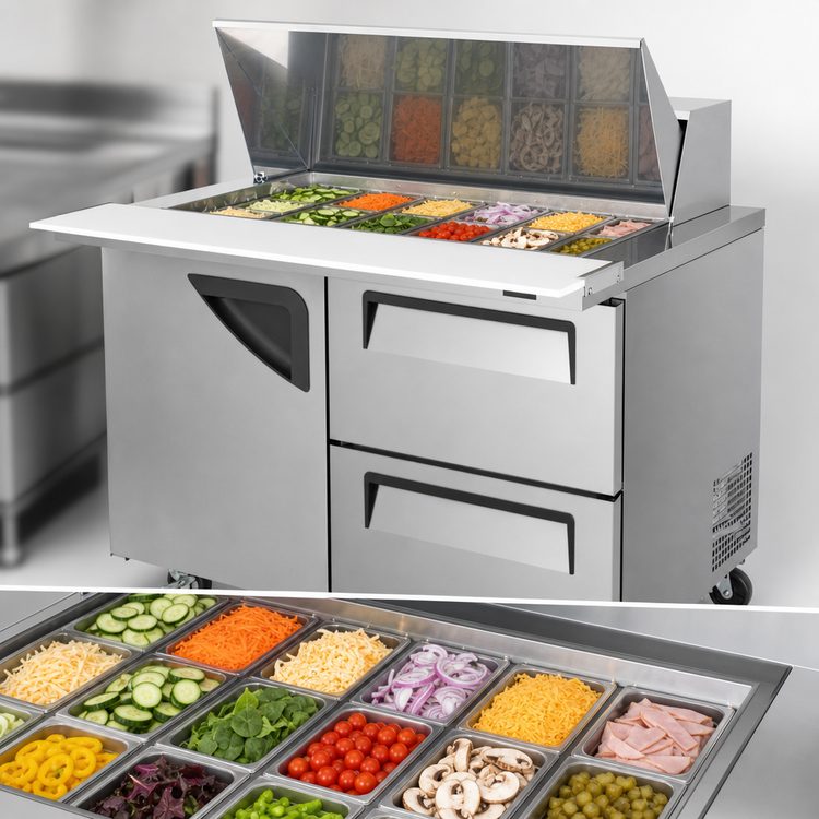 Product image #3 for Turbo Air Super Deluxe 48.25-Inch Two-Section Mega Top Sandwich/Salad Prep Table with 18-Pan Opening, 1 Door, and 2 Drawers