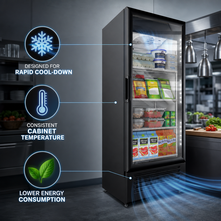 Product image #3 for Omcan Elite Series 11.5 Cu. Ft. One-Section Reach-In Glass Door Merchandiser Refrigerator