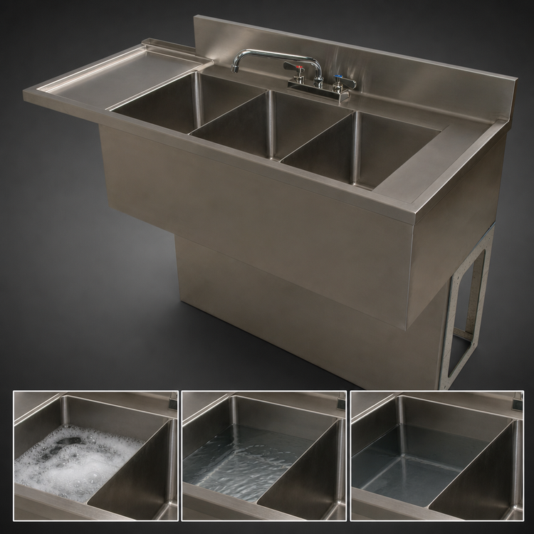 Product image #4 for BK Resources 84-Inch Three-Compartment Stainless Steel Underbar Sink with Dual Drainboards and Faucet