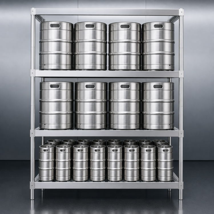 Product image #3 for New Age Aluminum Keg Rack with 3 T-Bar Shelves, 8 Half-Barrel or 26 Sixth-Barrel Capacity