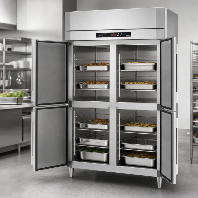 Product image #3 for Victory UltraSpec™ Two-Section Reach-In Heated Holding Cabinet, Standard Depth, 46.5 Cu. Ft., 4 Half-Height Solid Hinged Doors