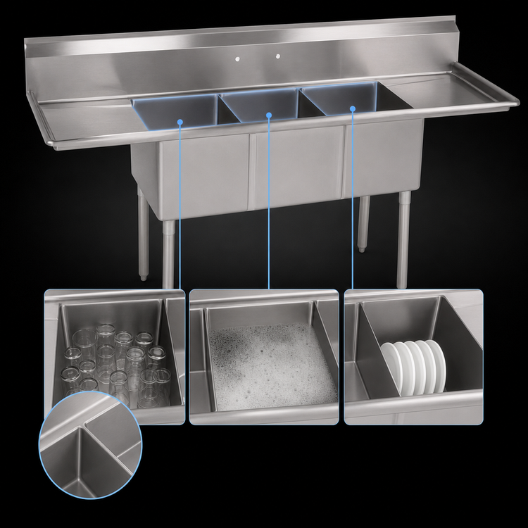 Product image #3 for John Boos E-Series 84-Inch 3-Compartment Stainless Steel Sink with Left & Right Drainboards
