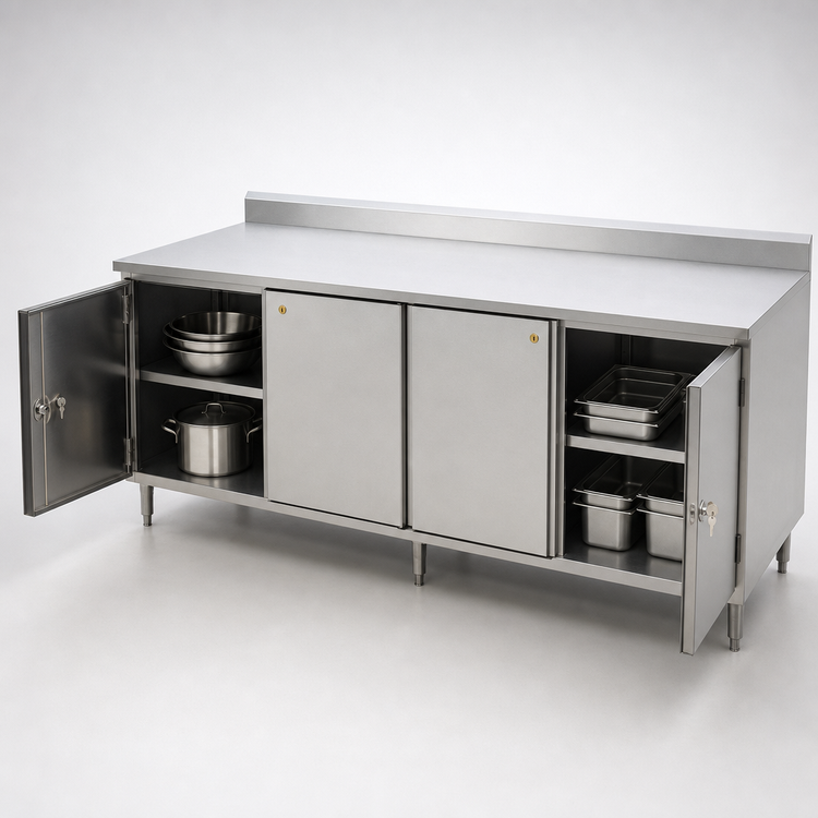 Product image #3 for BK Resources 84 x 30 Inch Stainless Steel Cabinet Base Chef Table with Hinged Locking Doors and 5 Inch Backsplash