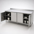Thumbnail image #3 for BK Resources CSTR5-3084HL 84 x 30 Inch 304 Stainless Steel Cabinet Base Chef Table with Locking Doors, 14-Gauge Top and 5-Inch Backsplash