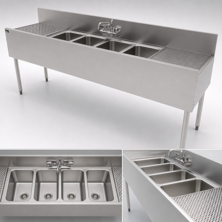 Product image #4 for Top Shelf TS Series 84-Inch 4-Compartment Stainless Steel Underbar Multi-Tank Sink Unit with Left and Right Drainboards