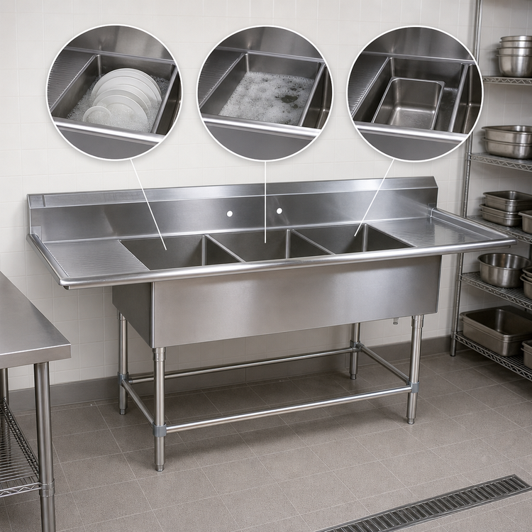 Product image #3 for John Boos Pro-Bowl 3-Compartment Stainless Steel Sink with Dual Drainboards and 14-Inch Deep Bowls