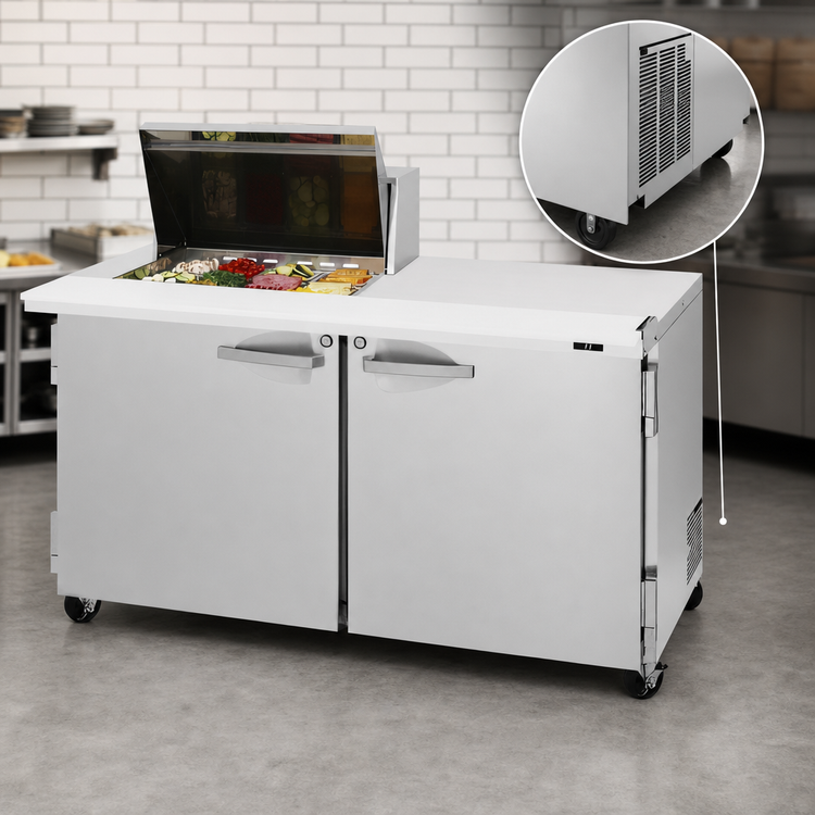 Product image #4 for Turbo Air PRO Series 60-1/4 Inch 2-Section Sandwich/Salad Mega Prep Table with Work Station, 12-Pan Top, Rear-Mounted Self-Contained Refrigeration