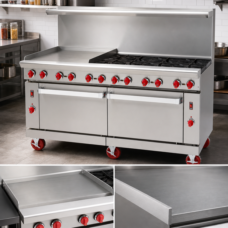 Product image #3 for American Range 72-Inch Commercial Gas Range with 24-Inch Left Griddle, 8 Open Burners, and 2 Convection Ovens