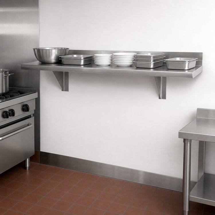 Product image #3 for Advance Tabco Wall-Mounted Stainless Steel Shelf, 144"W x 15"D, 18-Gauge 430 Satin Finish
