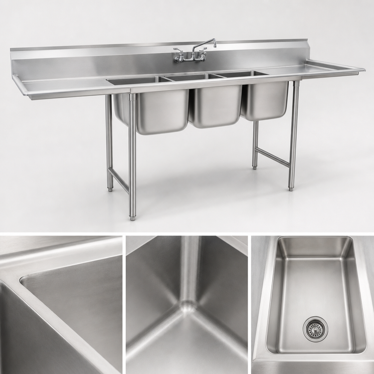 Product image #3 for Commercial Three-Compartment Coved Corner Sink with Left and Right 24-Inch Drainboards
