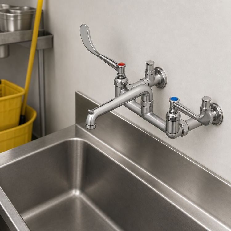 Product image #3 for T&S Brass Wall-Mount Service Sink Faucet with 8-Inch Centers, 12-Inch Spout, 6-Inch Wrist Handles, Pail Hook, and Integral Stops