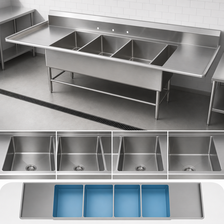 Product image #3 for John Boos Pro-Bowl 4-Compartment Stainless Steel Sink with Dual 30-Inch Drainboards, 183-1/4 Inch Overall Length