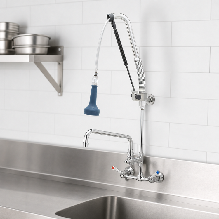 Product image #4 for EverSteel DuraPull Wall-Mount Workboard Pre-Rinse Unit with Add-On Faucet, 12-Inch Swing Nozzle, and 1.07 GPM Sprayer