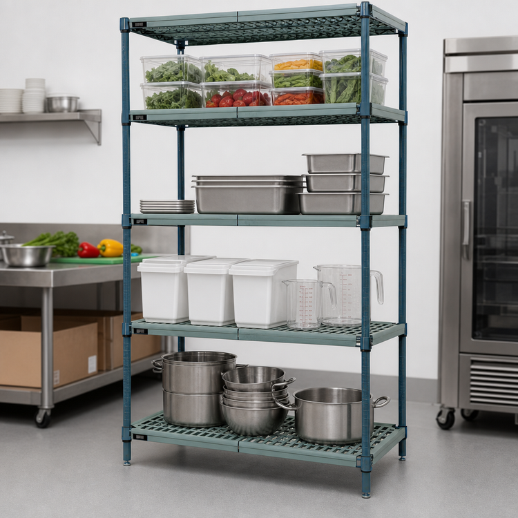 Product image #3 for Quantum 4-Tier Stationary Wire Plastic Mat Shelving Unit, 72 x 24 x 86 Inches, Green Epoxy Antimicrobial