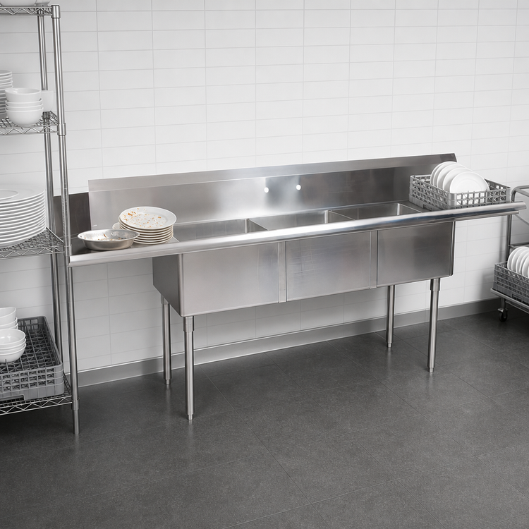 Product image #3 for Klinger's Trading Straight Soiled Dish Table with 3-Compartment Sink, Right-to-Left, 30-3/8 x 100 x 44 Inches