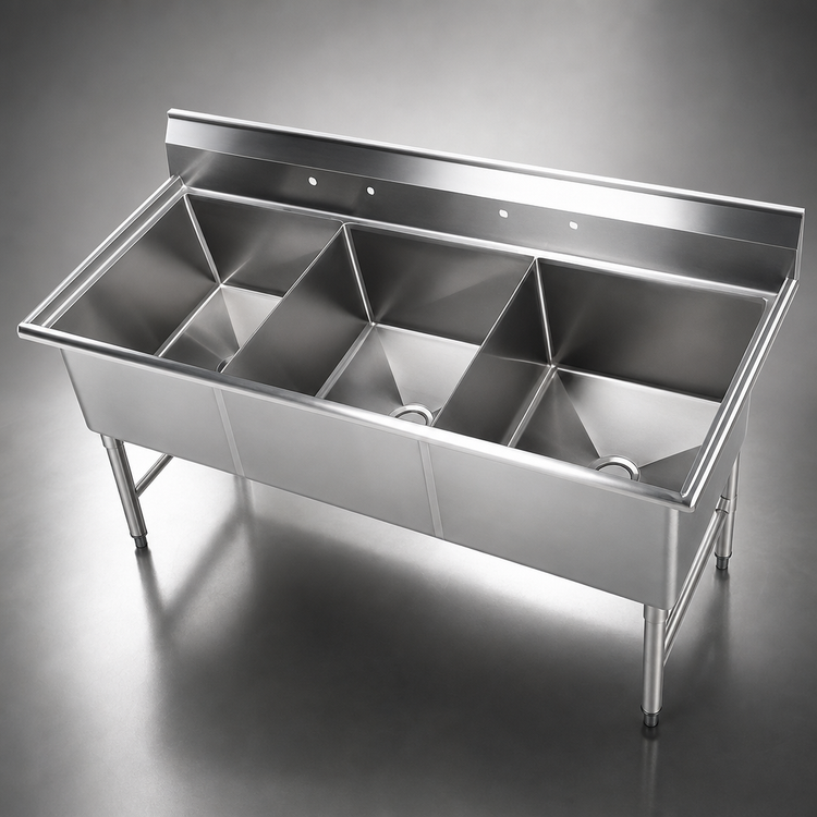 Product image #3 for Elite Heavy-Duty Three-Compartment Stainless Steel Sink Without Drainboards, 77-Inch Wide