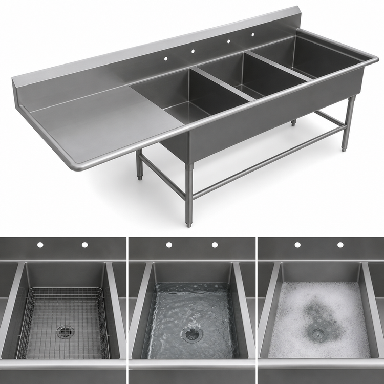 Product image #3 for John Boos Pro-Bowl 84-3/16-Inch Long 3-Compartment Stainless Steel Sink with Left Drainboard