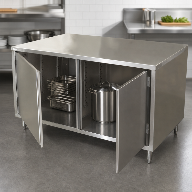 Product image #3 for BK Resources Dual Access Stainless Steel Chef Table Cabinet Base with Hinged Doors, 18 x 30 x 34.75 Inches