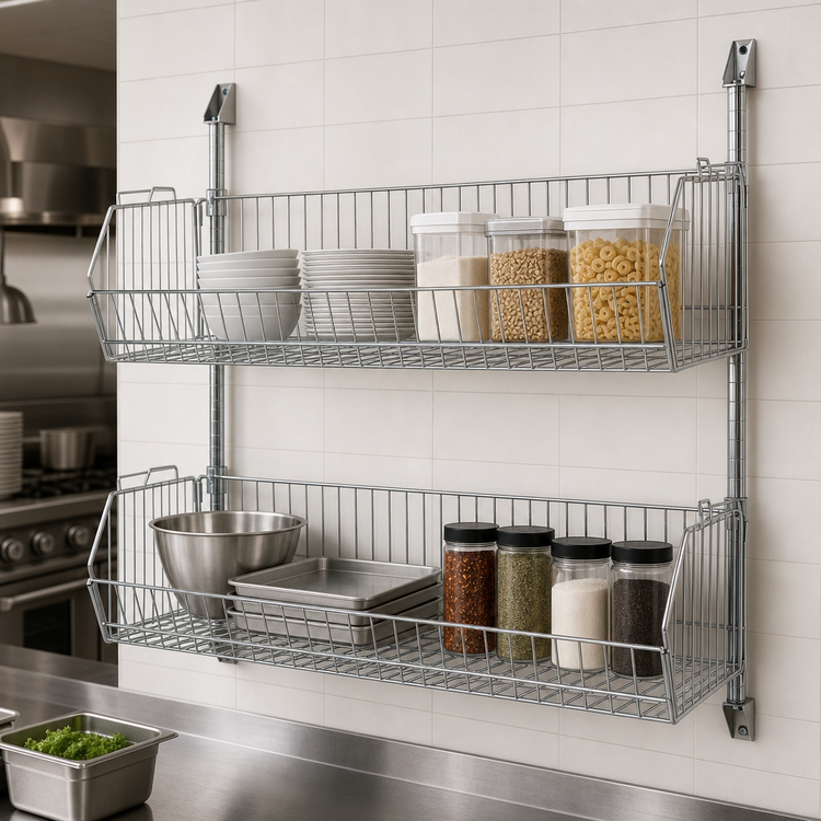 Product image #3 for Quantum Cantilever Wire Basket Post Wall Mount Kit, 48 W x 14 D x 34 H, Chrome Plated