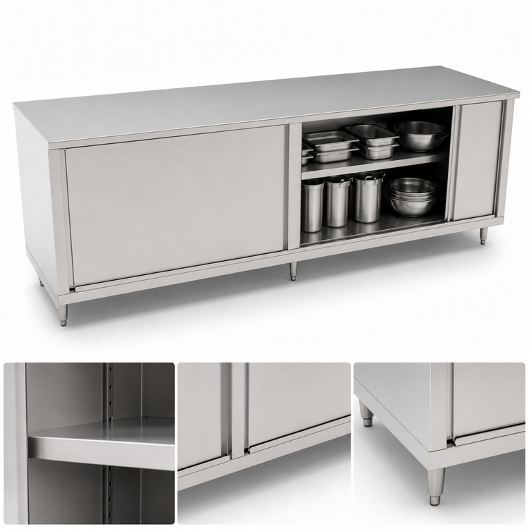 Product image #3 for John Boos 108 Inch x 24 Inch Stainless Steel Enclosed Work Table with Sliding Doors and Flat Top