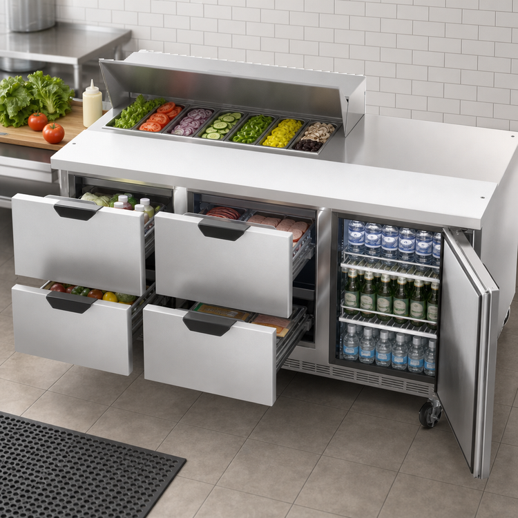 Product image #4 for Beverage-Air 72-Inch Three-Section Sandwich Prep Table Refrigerator with 4 Drawers, 1 Door, and 10-Pan Top