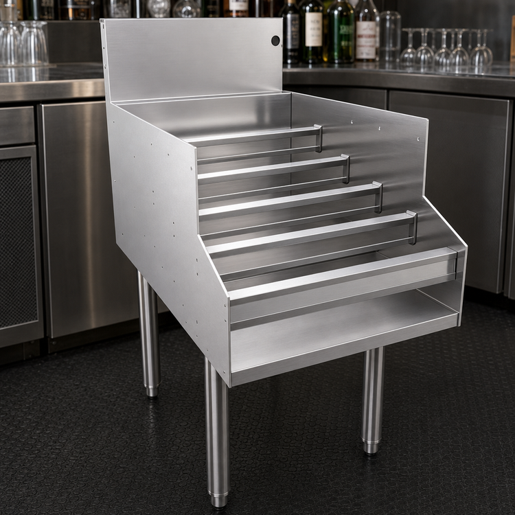 Product image #3 for Glastender Free-Standing Stainless Steel Underbar Liquor Steps, 18 Inch Wide x 29 Inch Deep, 5-Level