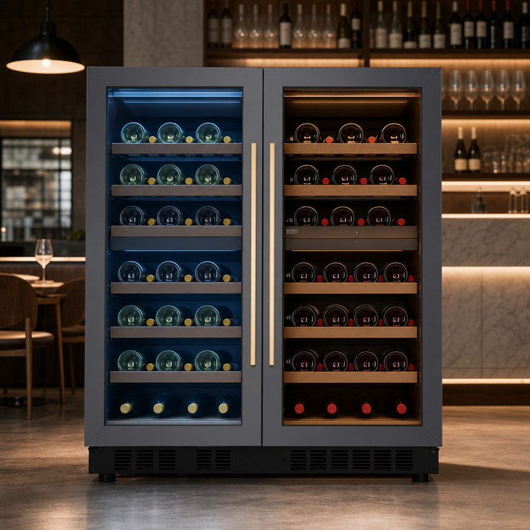 Product image #4 for KoolMore 2-Section Dual Zone Reach-In Wine Cooler with Glass Doors and Wooden Shelves