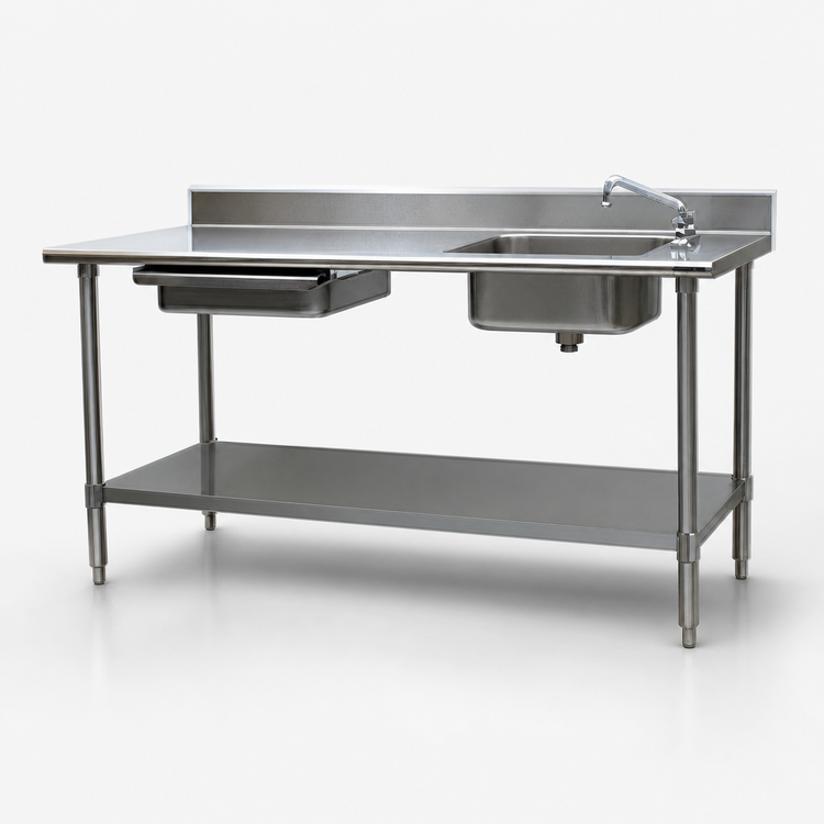 Product image #3 for Eagle Group Spec-Master 84-Inch Stainless Steel Prep Table with Right Sink, Left Drawer, Backsplash, and Undershelf