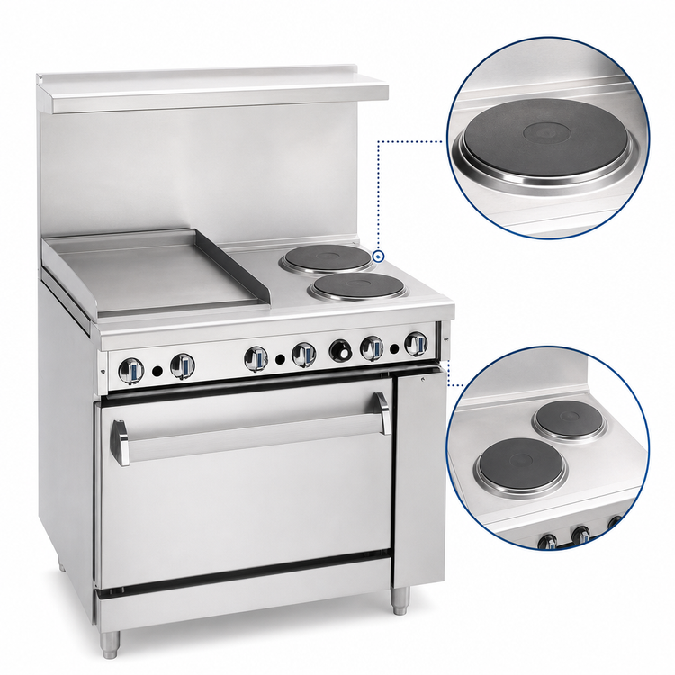 Product image #3 for Imperial Pro Series 36-Inch Electric Restaurant Range with 2 Round Elements, 24-Inch Thermostatic Griddle and Standard Oven
