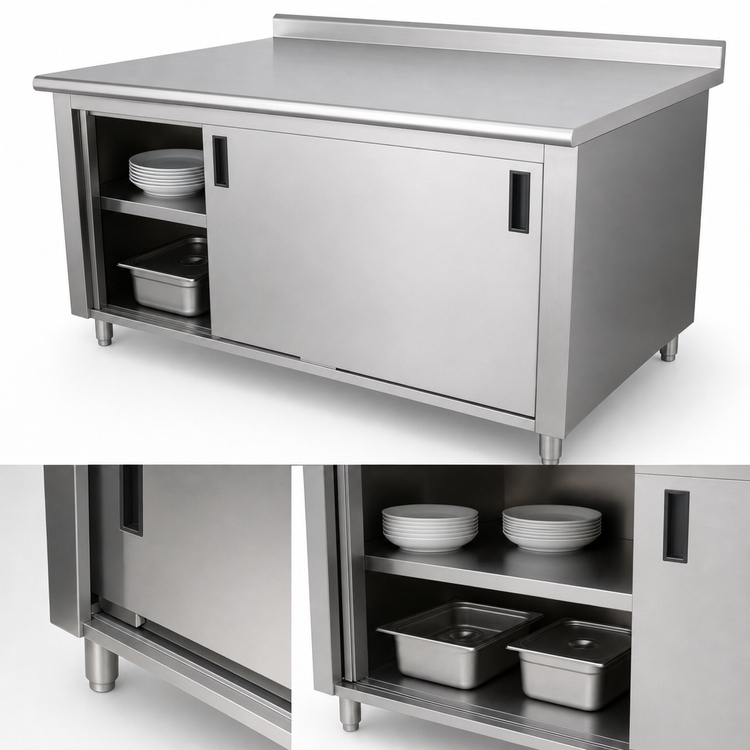 Product image #3 for Advance Tabco Enclosed Work Table with Sliding Door Cabinet Base, 120-Inch x 30-Inch, 14-Gauge 304 Stainless Steel Top