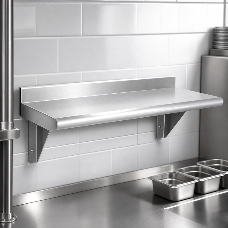 Product image #3 for Advance Tabco 24"W x 12"D Wall-Mounted Shelf, 16 Gauge 304 Stainless Steel, Satin Finish, Bullnose Edge