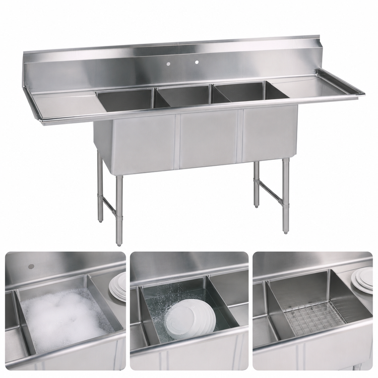 Product image #3 for BK Resources 3 Compartment Stainless Steel Sink with Left and Right 24-Inch Drainboards, 95-1/4 Inch Wide