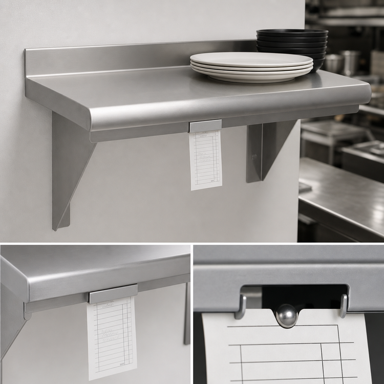 Product image #3 for Advance Tabco 96-Inch x 12-Inch Wall-Mounted Stainless Steel Shelf with Check Minder